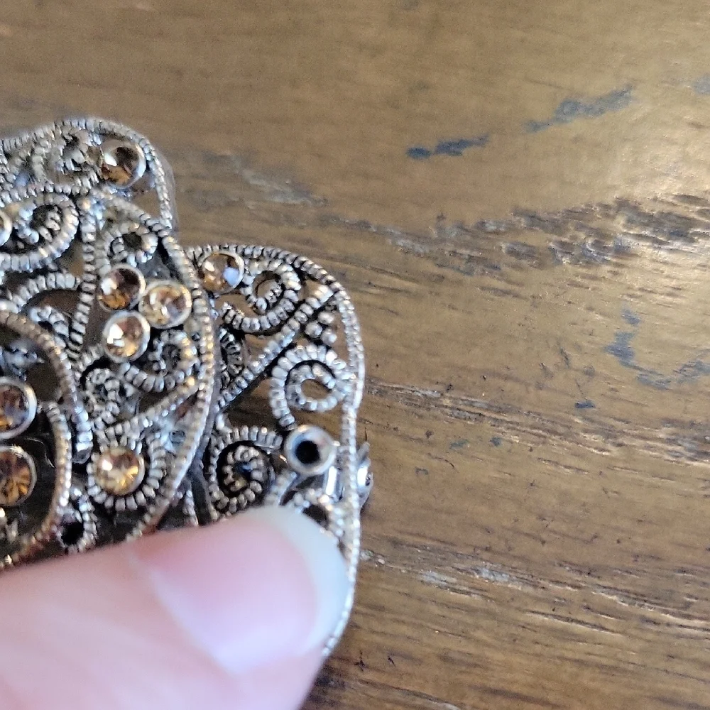 Elegant Silver and Gold tones Floral Brooch with chocolate chrystals